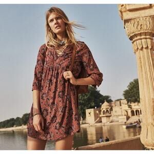 Madewell Women's Size XS Red Assam Floral Silk Lace Up Babydoll Mini Dress